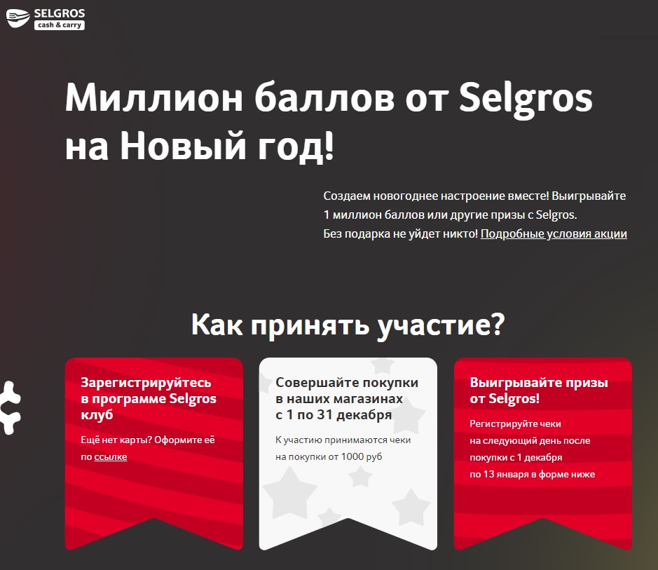Промо-акция Selgros: «Миллион баллов от Зельгрос на Новый год»